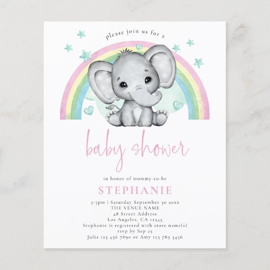 PAPER Elephant Rainbow Pink Baby Dusche Flyer (Vorne)