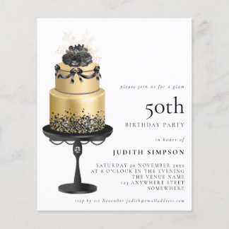 PAPER Glam-Torte Blumen Gold Schwarz 50. Einladung Flyer