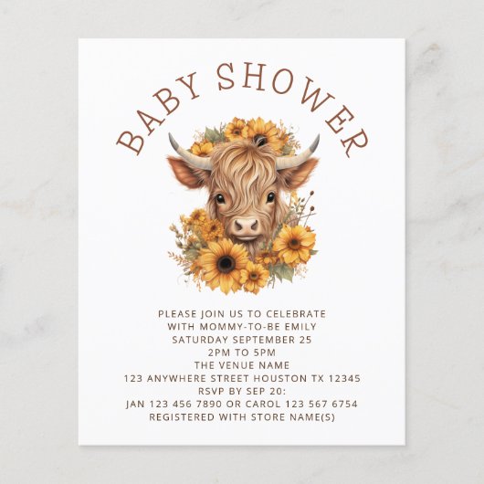 PAPER Hochland Kuh Sonnenblumen Baby Dusche Flyer (Vorne)