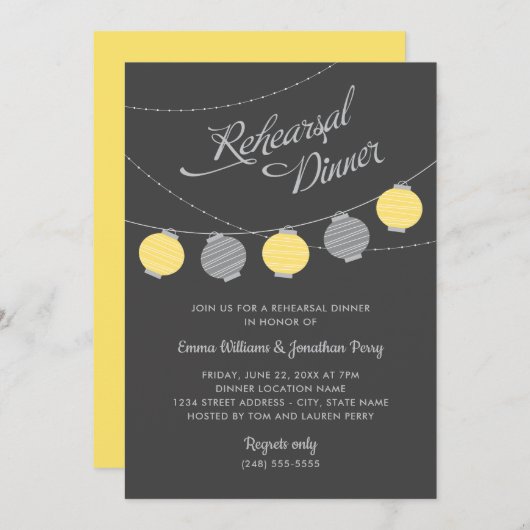Paper Lantern Yellow Grey Wedding Probe Dinner Einladung (Vorne/Hinten)
