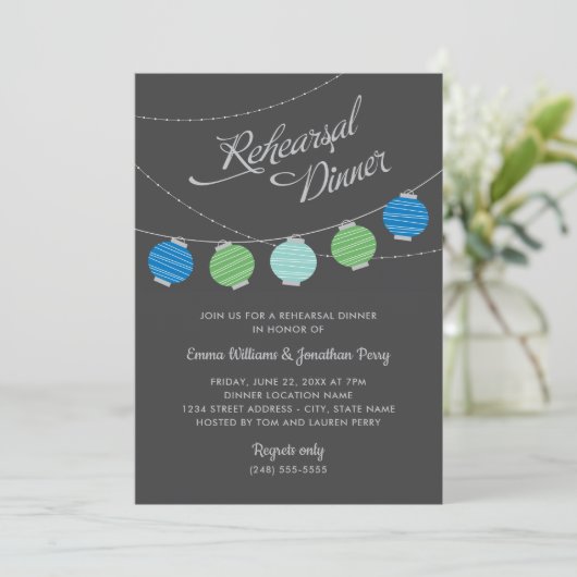 Paper Lanterns Blue Green Wedding Probe Dinner Einladung (Stehend Vorderseite)