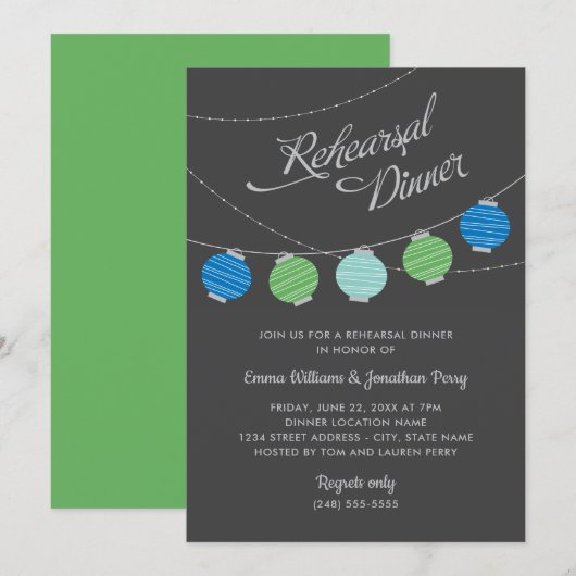 Paper Lanterns Blue Green Wedding Probe Dinner Einladung (Vorne/Hinten)