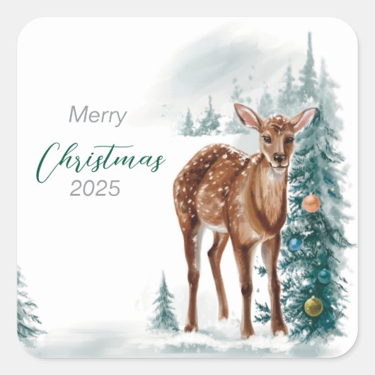 Paper Napkin Doe und Weihnachtsbäume Quadratischer Aufkleber (Vorderseite)