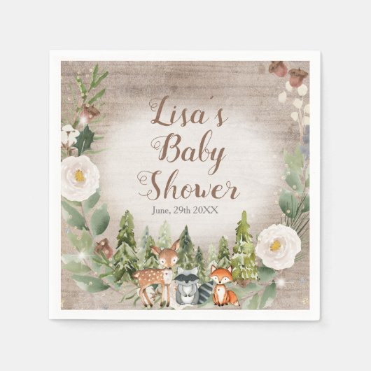 Paper Napkin Winter Woodland Animals White Floral Serviette (Vorderseite)