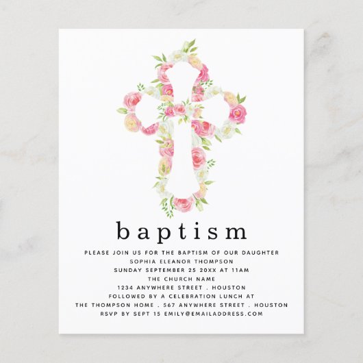 PAPER Pink Florals Cross Baptismus Einladung Flyer (Vorne)
