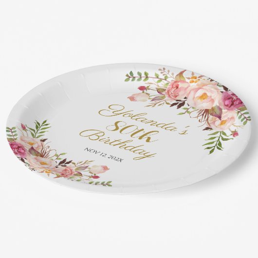 Paper Plate Adult 80th Birthday, Elegant Floral Pappteller (Schrägansicht)