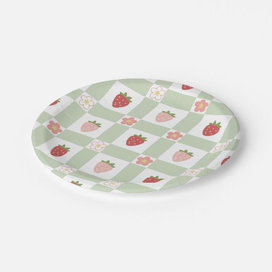 Paper Plate Cute Strawberry Gingham Pastel Green Pappteller (Schrägansicht)