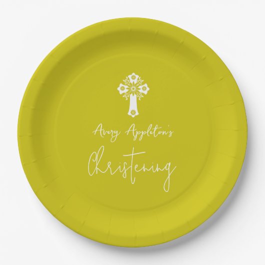Paper Plate Floral Cross Christening Yellow Pappteller (Vorderseite)