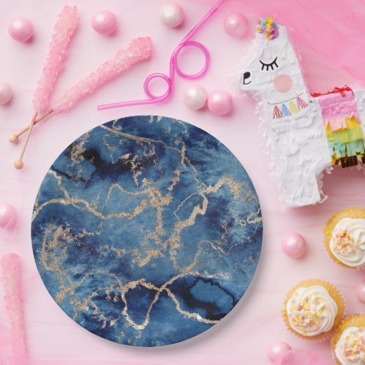 Paper Plates 22,9 cm - Blue & Gold Pattern Pappteller (Party)