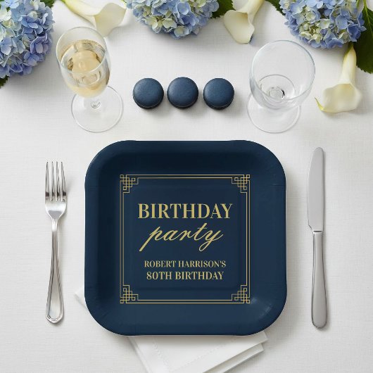 Paper Plates Birthday Party Navy & Gold 80th Pappteller