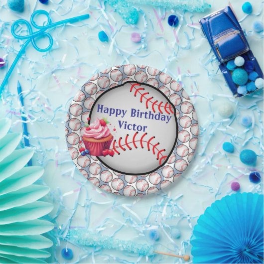 Paper Plates, Blue White Stripe Birthday Baseball Pappteller (Party)