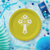 Paper Plates Floral Cross Yellow Pappteller (Party)