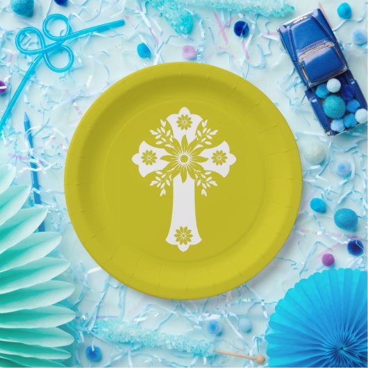 Paper Plates Floral Cross Yellow Pappteller (Party)