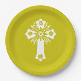 Paper Plates Floral Cross Yellow Pappteller