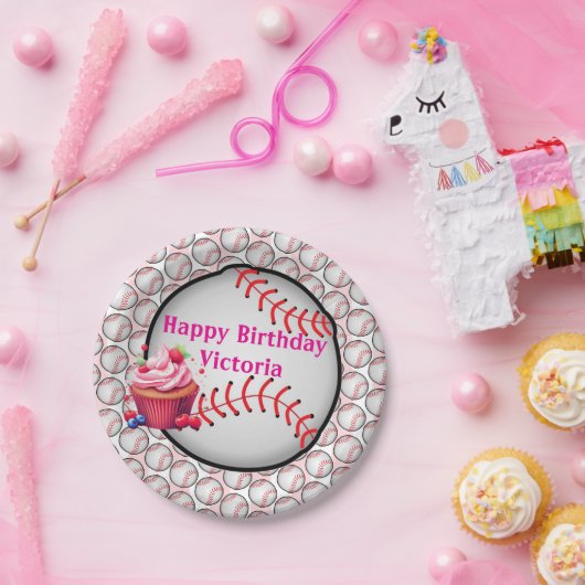 Paper Plates, Pink White Stripe Birthday Baseball Pappteller (Party)