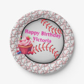 Paper Plates, Pink White Stripe Birthday Baseball Pappteller (Vorderseite)