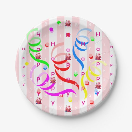 Paper Plates, Pink & White Stripe Birthday Pappteller (Vorderseite)