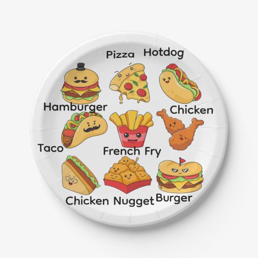 Paper Plates, Tacos, Hamburger Chicken, French Fry Pappteller (Vorderseite)