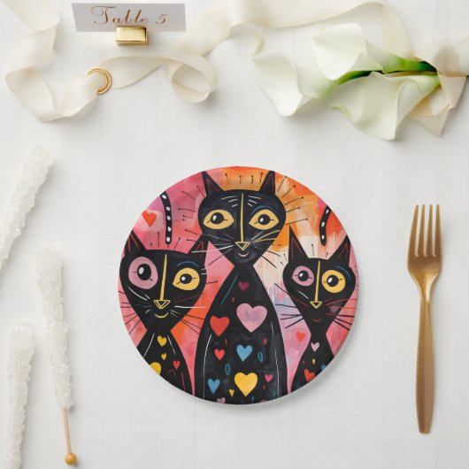 Paper plates Valentine's Day Cat Red Hearts Pappteller (Hochzeit)