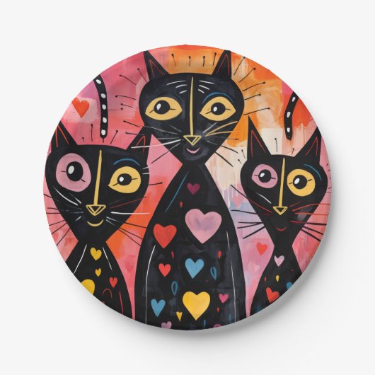 Paper plates Valentine's Day Cat Red Hearts Pappteller (Vorderseite)