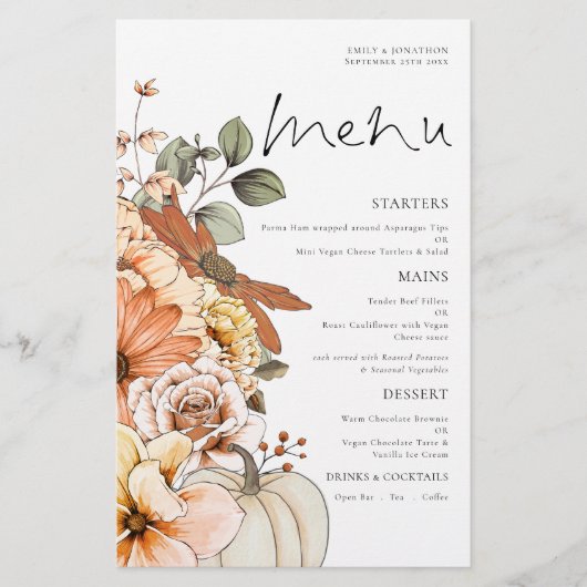 PAPER Rustic Fall Florals Pumpkin Wedding Menü (Vorne)