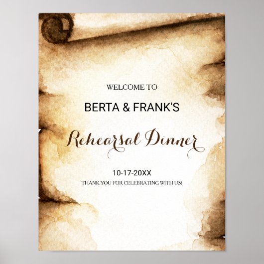 Paper Scroll Rustikales Probe Dinner Willkommen Poster (Vorne)