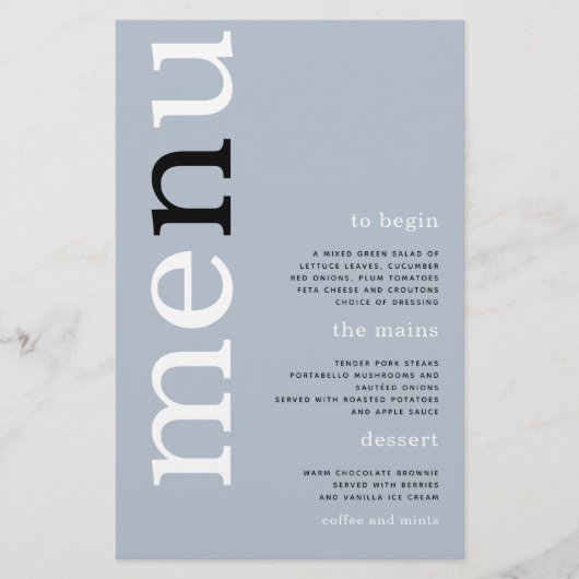 PAPER Simple Dusty Blue Typografy Wedding Menu Flyer (Vorne)