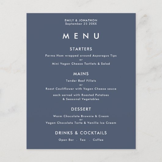 PAPER Simple Text Dusty Navy Blue Wedding Menu Flyer (Vorne)