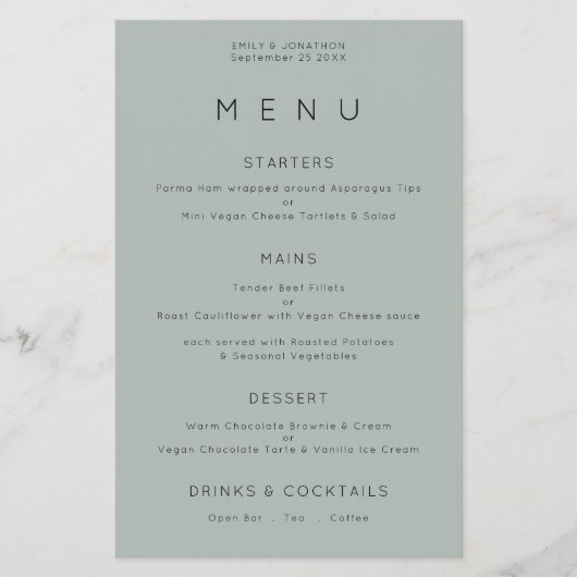 PAPER Simple Typografy Silvery Sage Wedding Menu Flyer (Vorne)
