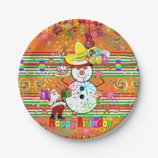 Paper Tellers, Happy Birthday Snowman Weihnachten Pappteller (Vorderseite)