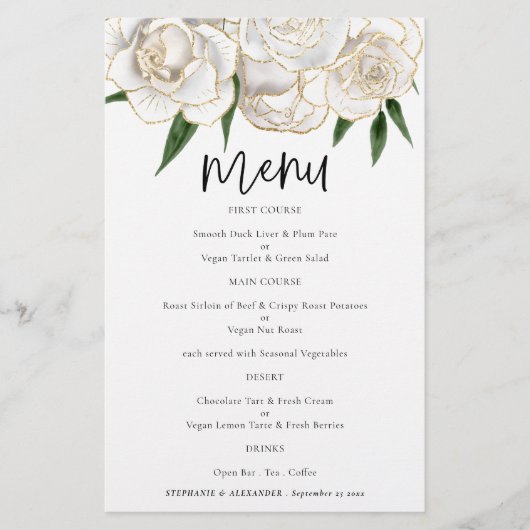 PAPER White Gold Florals Script Wedding Menü (Vorne)