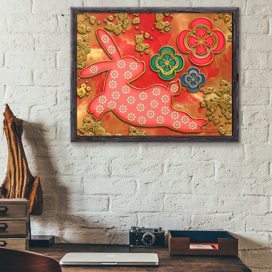 Papercut Blume Rotes Gold Kaninchen Chinesisches N Poster