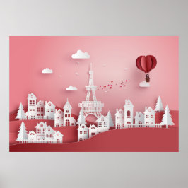 Papercut Couple Hot Air Ballon Paris Poster
