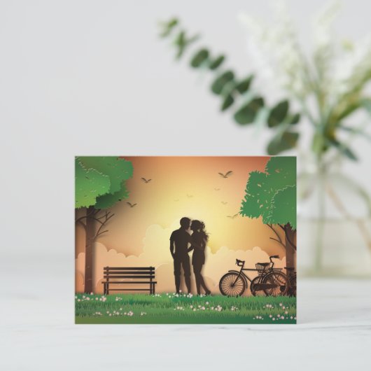 Papercut Couple in Park Sunset, Fahrrad Postkarte (Stehend Vorderseite)