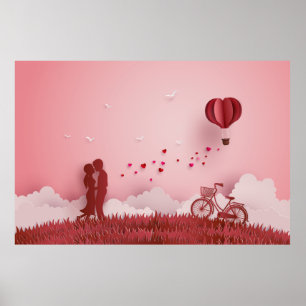 Papercut Couple Red Bide Hot Air Balloon Poster