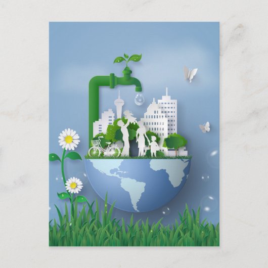 Papercut Earth Day Conservation Faucet & City Postkarte (Vorderseite)
