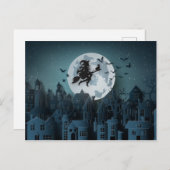 Papercut Halloween Hexe fliegt über Stadt Postkarte (Vorne/Hinten)