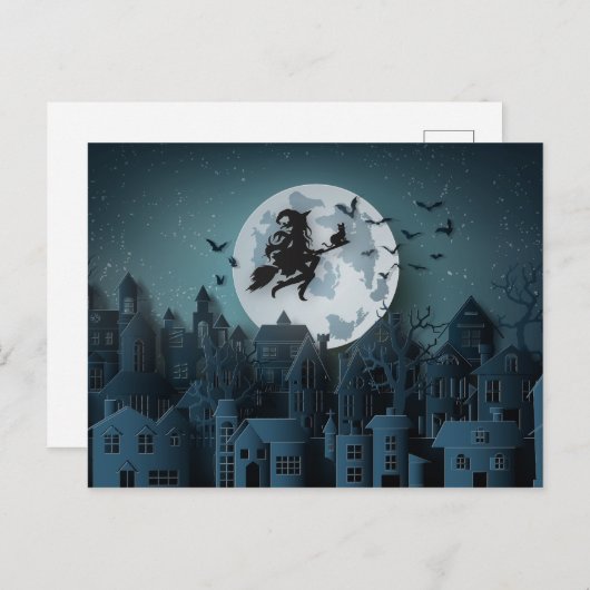 Papercut Halloween Hexe fliegt über Stadt Postkarte (Vorne/Hinten)