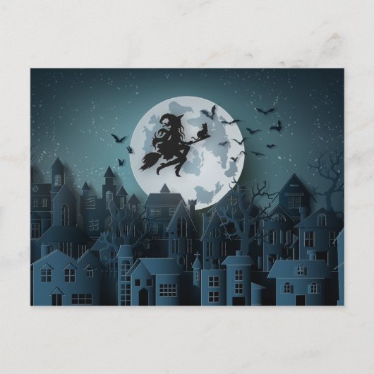 Papercut Halloween Hexe fliegt über Stadt Postkarte (Vorderseite)