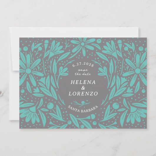Papercut Rustikale Blume Aquamarin Grau Save The Date (Vorderseite)