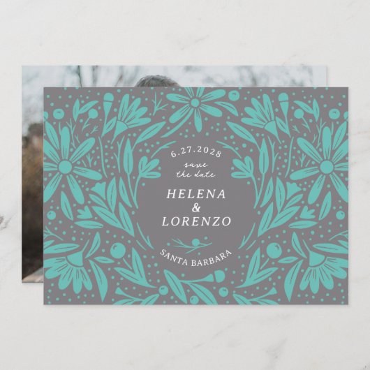 Papercut Rustikale Blume Aquamarin Grau Save The Date (Vorne/Hinten)