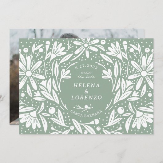 Papercut Rustikale Blume Grün Save The Date (Vorne/Hinten)