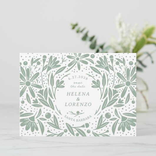 Papercut Rustikale Blume Grün Save The Date (Stehend Vorderseite)