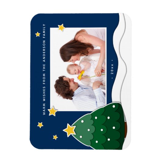 Papercut Stars & Snowy Christmas Tree Family Foto Magnet (Vertikal)