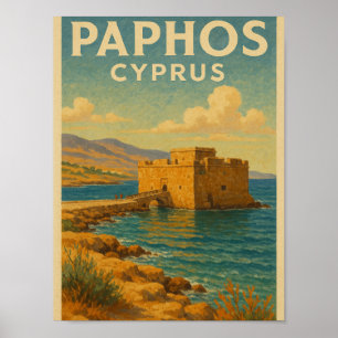 Paphos Cyprus Fort Vintage Reise Poster