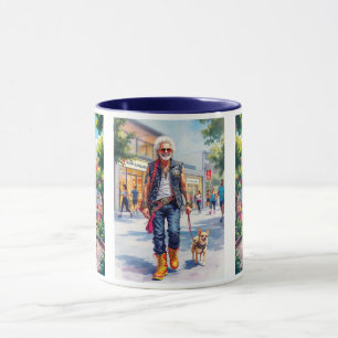 Papi Rocker spaziert seinen Hund in Ruhe. Tasse