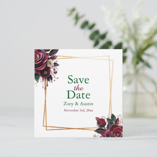 Papier bezwingen Burgunder Rose Perlen Save the Da Einladung (Stehend Vorderseite)