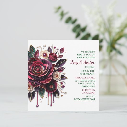 Papier bezwingen Burgundy-Rose und Perlen Einladung (Stehend Vorderseite)