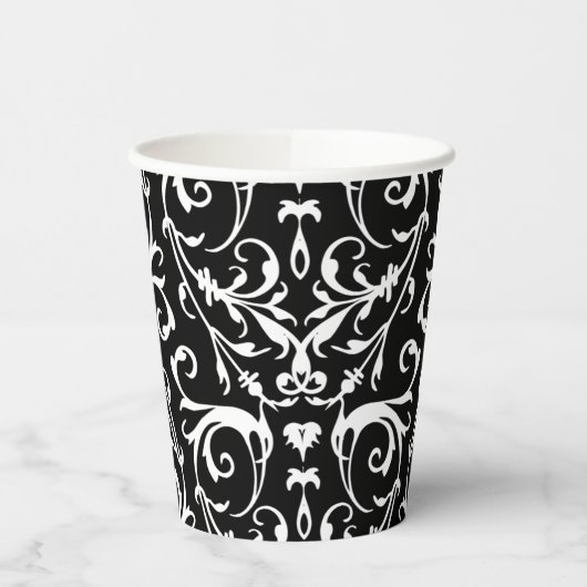 Papier-Cup mit schwarz-weißem Damast Pappbecher (Links)
