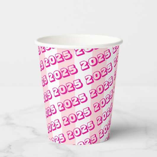 Papier-Cup Rosa und Weiß Streifen 2025 Pappbecher (Rückseite)